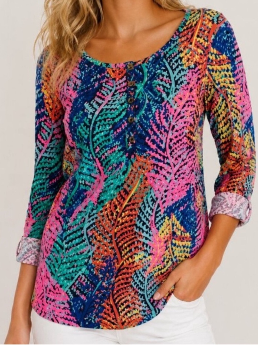 Lilly Pulitzer Electric Feel Feathers Pima Cotton Henley Top Medium